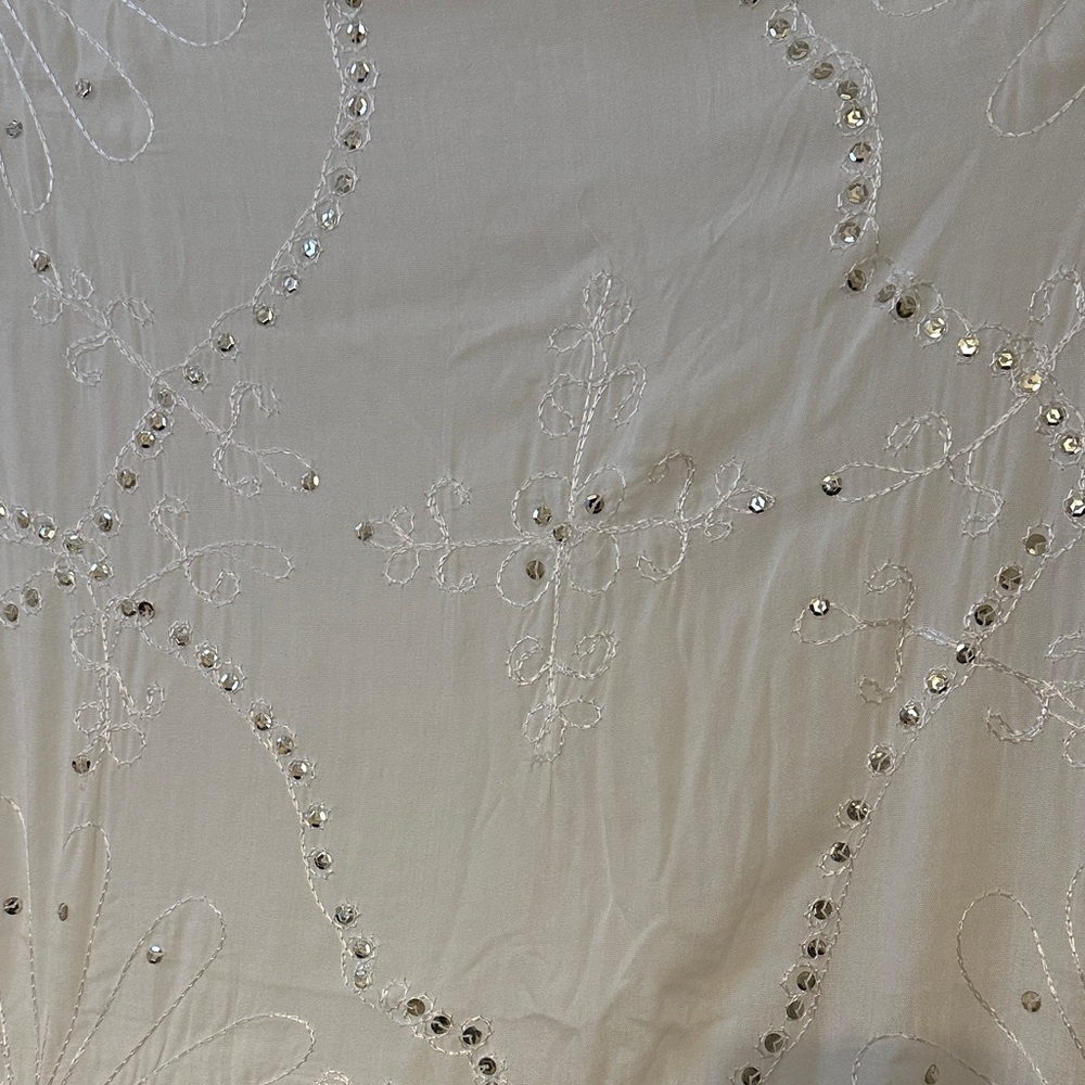 41x62” White Fringed Embroidered with Sequins - Scarf Sarong Pareo Wrap Cover-up - Picture 3 of 4